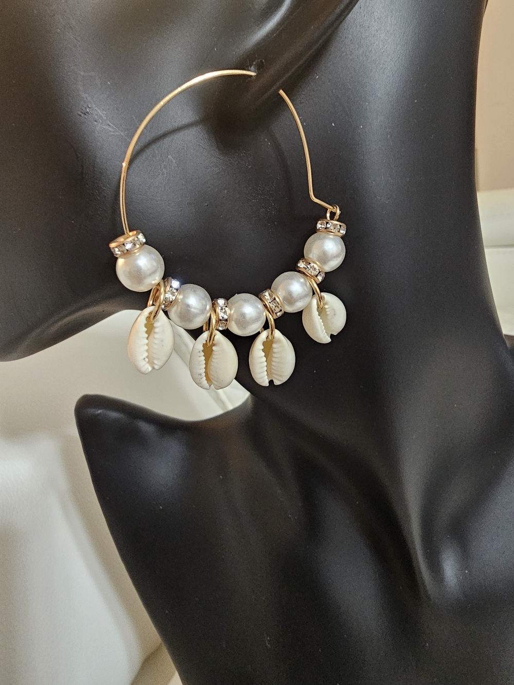 Gold Hoop Earrings with White Pearls & Shell Charms